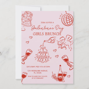 Hand-Drawn Pink Galentine's Girls Night Valentines Invitation