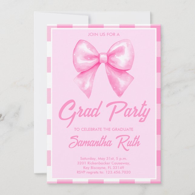 Hand Drawn Pink Gingham Bow Graduation Party Invitation (Front)