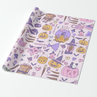 hand drawn pink halloween african witch cauldron wrapping paper
