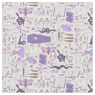 hand drawn pink halloween coffin witch zombie fabric