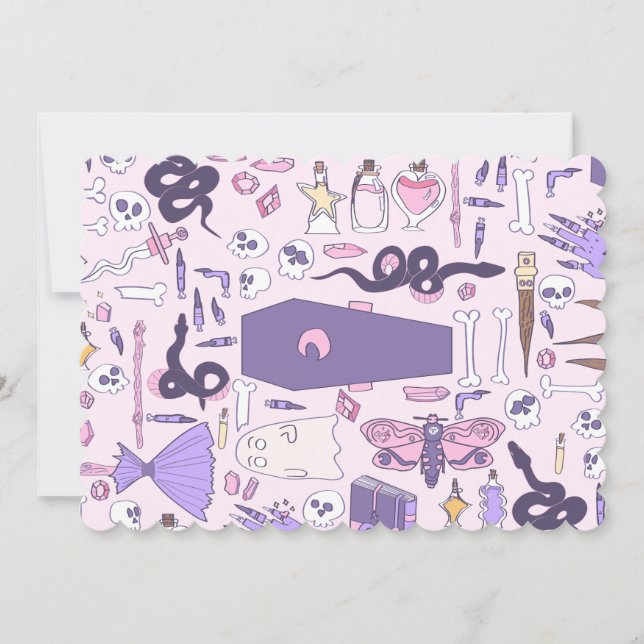 hand drawn pink halloween coffin witch zombie invitation (Front)