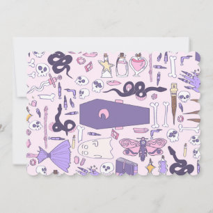 hand drawn pink halloween coffin witch zombie invitation