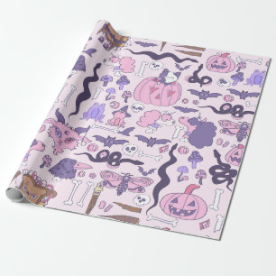 hand drawn pink halloween unicorn zombie bones wrapping paper