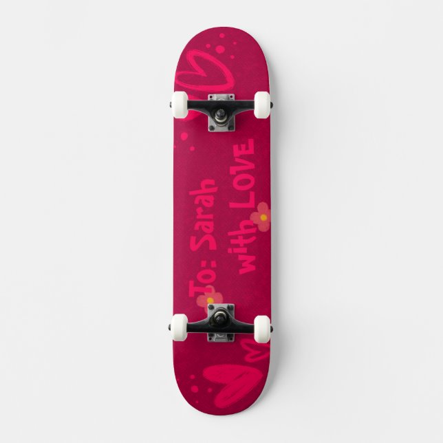 Hand-Drawn Pink Hearts & Floral Romantic Skateboard (Front)