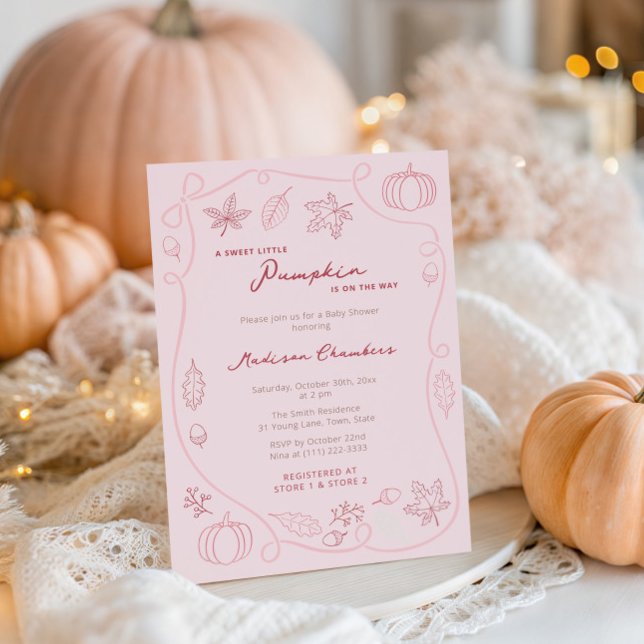 Hand Drawn Pink Little Pumpkin Baby Girl Shower Invitation (Blush pink and cherry Sweet Little Pumpkin baby shower invites to welcome a little girl)