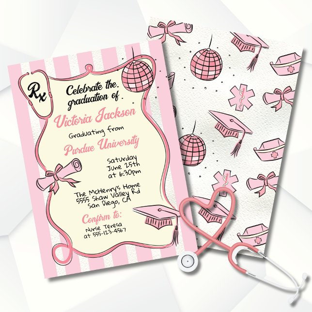 Hand drawn Pink Medical Disco Ball Graduation Invitation (Creator Uploaded)