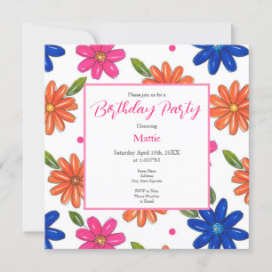 Hand Drawn Pink, Orange, Blue Flowers Invitation