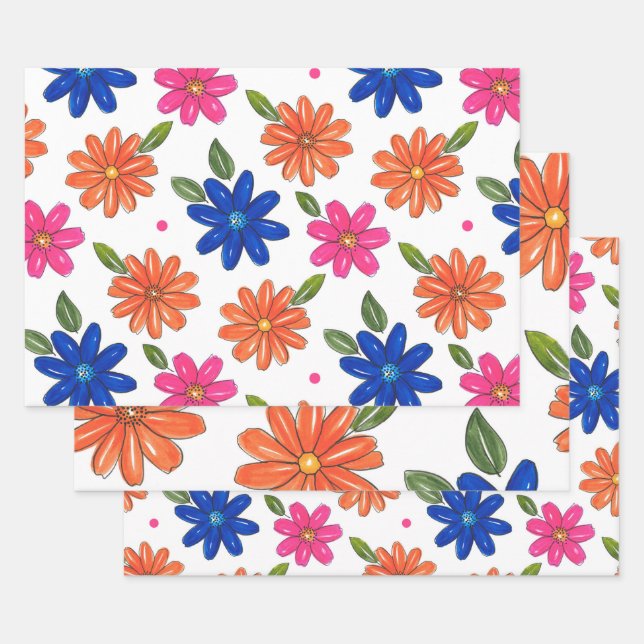Hand Drawn Pink, Orange, Blue Flowers Wrapping Paper Sheet (Set)