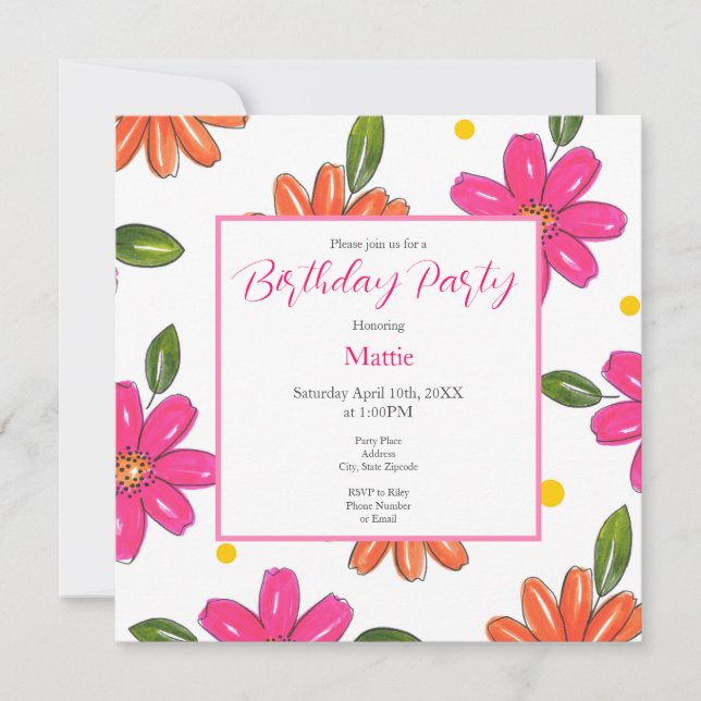 Hand Drawn Pink, Orange Flowers Invitation (Front)