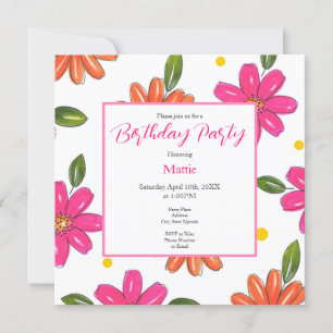 Hand Drawn Pink, Orange Flowers Invitation
