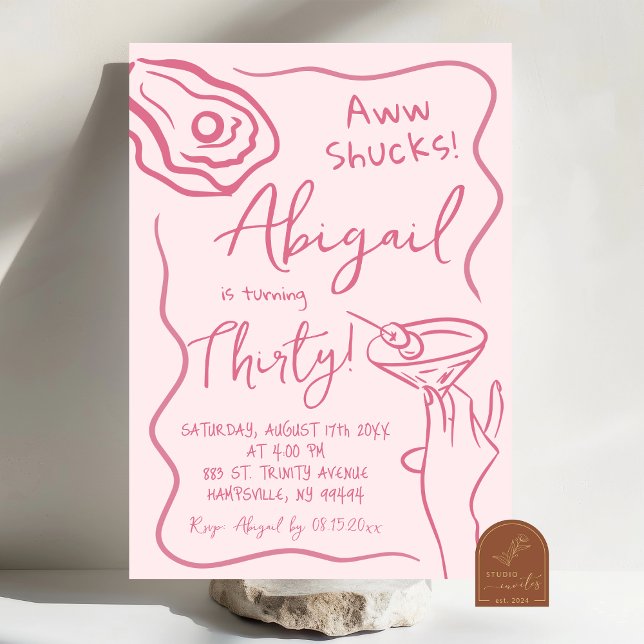 Hand Drawn Pink Oyster Cocktail Adult Birthday Invitation (Creator Uploaded)