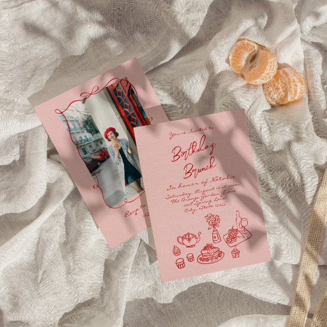 Hand Drawn Pink Quirky Photo Fun Birthday Brunch Invitation (Creator Uploaded)