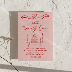 Hand Drawn Pink Red Cake Hello Twenty One Birthday Invitation