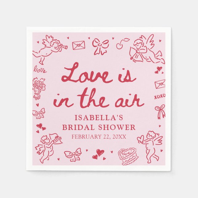 Hand Drawn Pink Red Hearts Valentine Bridal Shower Napkin (Front)
