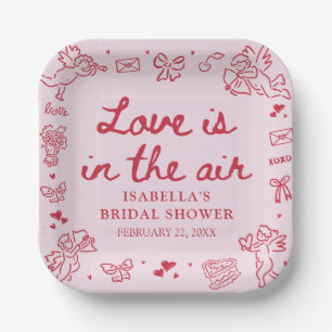 Hand Drawn Pink Red Hearts Valentine Bridal Shower Paper Plate