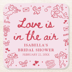Hand Drawn Pink Red Hearts Valentine Bridal Shower Square Paper Coaster