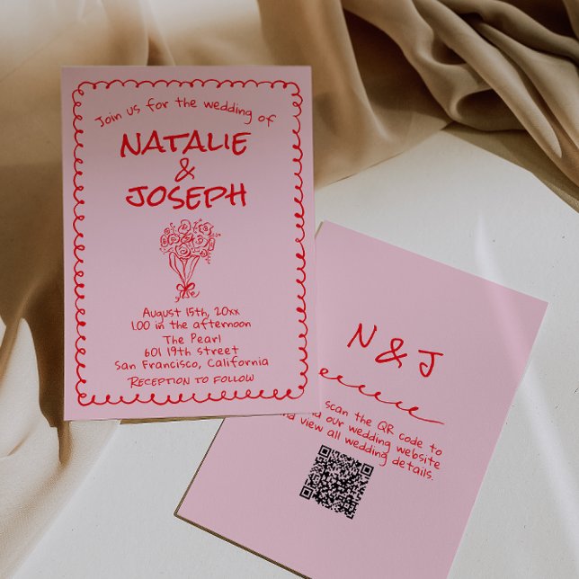Hand Drawn Pink Red Retro QR Code Wedding Invitation (Creator Uploaded)