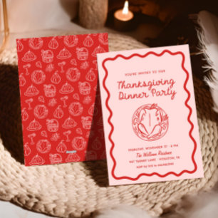 Hand Drawn Pink Red Whimsy Doodle Thanksgiving Holiday Card