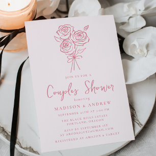 Hand-Drawn Pink Rose Bouquet Couples Bridal Shower Invitation