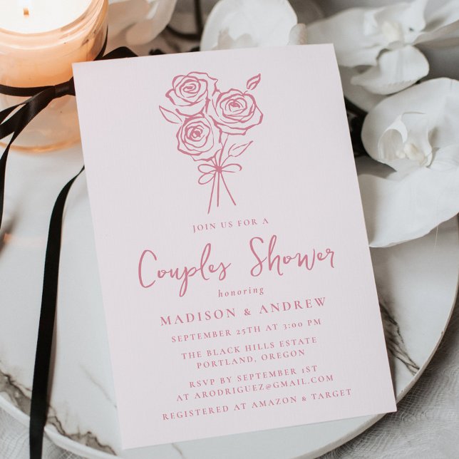 Hand-Drawn Pink Rose Bouquet Couples Bridal Shower Invitation (Creator Uploaded)