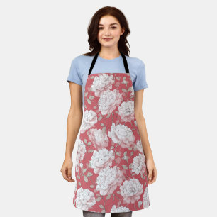 Hand Drawn Pink Rose White Floral Pattern Apron