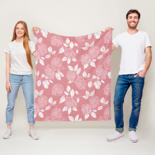 Hand Drawn Pink Rose White Floral Pattern Fleece Blanket