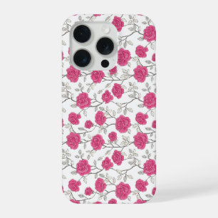 Hand Drawn Pink Rose White Floral Pattern iPhone 15 Pro Case