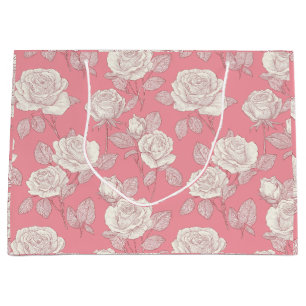 Hand Drawn Pink Rose White Floral Pattern Large Gift Bag