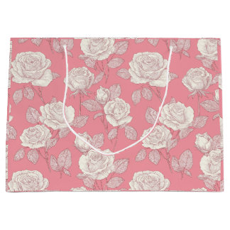 Hand Drawn Pink Rose White Floral Pattern Large Gift Bag