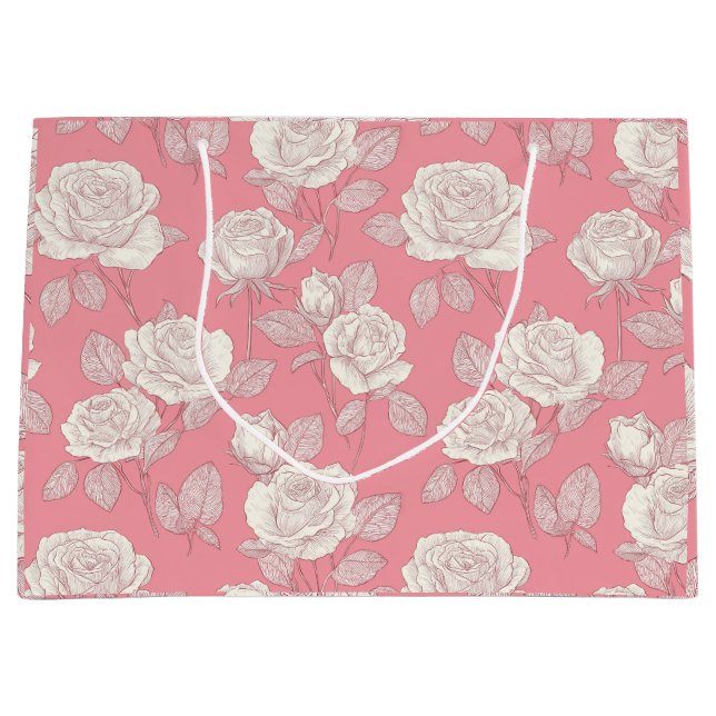 Hand Drawn Pink Rose White Floral Pattern Large Gift Bag (Front)