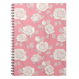 Hand Drawn Pink Rose White Floral Pattern Notebook