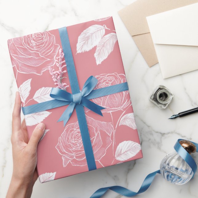 Hand Drawn Pink Rose White Floral Pattern Wrapping Paper (Gifting)