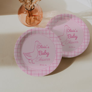 Hand Drawn Pink Silly Goose Fun Baby Girl Shower Paper Plate