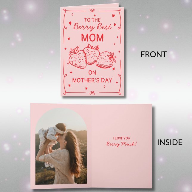 Hand Drawn Pink Strawberry Best Mom Mother's Day Holiday Card (Creator Uploaded)