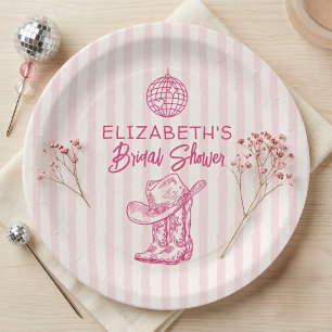 Hand Drawn Pink Stripes Western Cowgirl Disco Ball Paper Plate