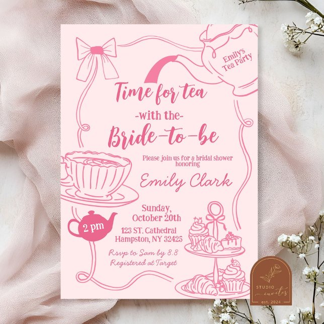 Hand Drawn Pink Time for Tea Bridal Shower Invitation (Creator Uploaded)