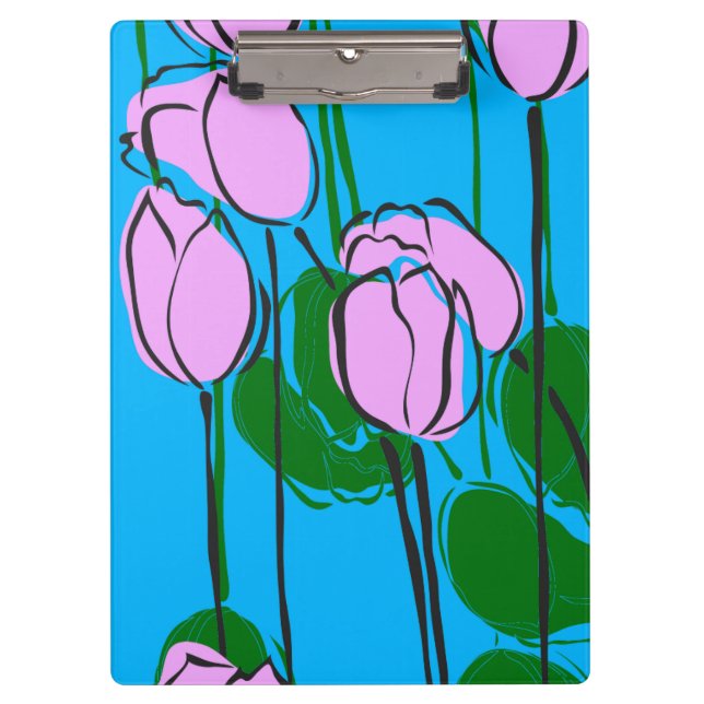 Hand Drawn Pink Tulips on Sky Blue Clipboard (Front)