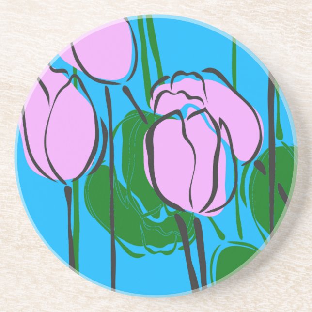 Hand Drawn Pink Tulips on Sky Blue Coaster (Front)
