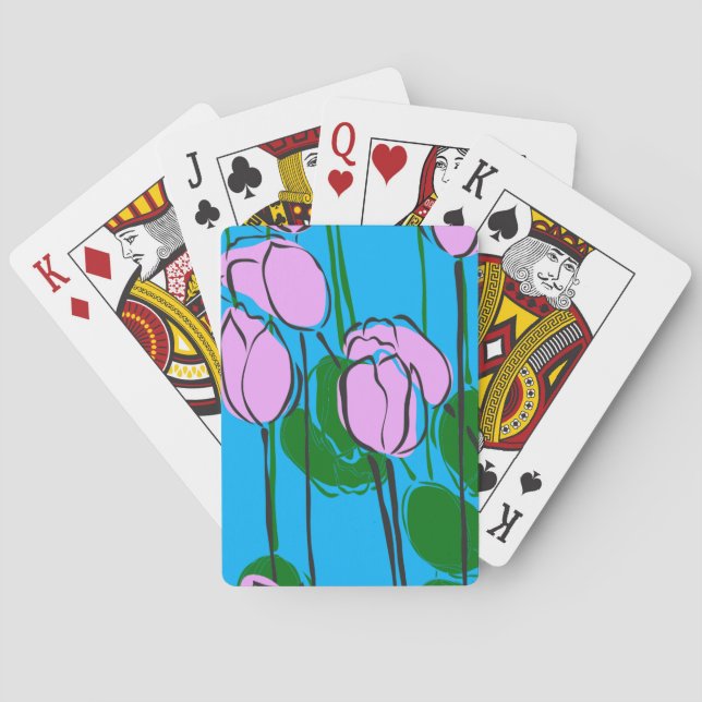 Hand Drawn Pink Tulips on Sky Blue Playing Cards (Back)