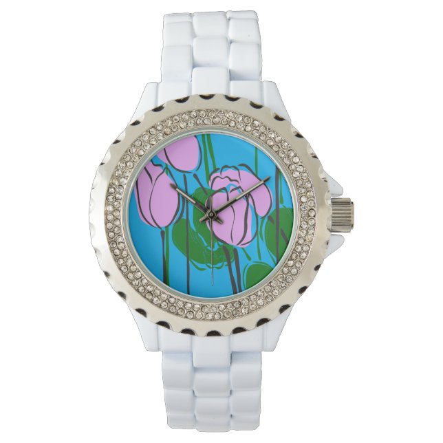 Hand Drawn Pink Tulips on Sky Blue Watch (Front)