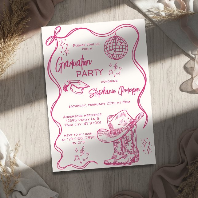 Hand Drawn Pink Western Disco Graduation Party Invitation (Creator Uploaded)