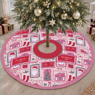 Hand Drawn Pink Whimsical Christmas Doodles Brushed Polyester Tree Skirt