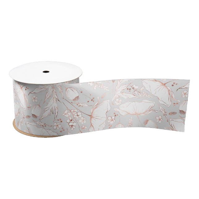 Hand-drawn Pink Wildflowers Elegant Light Grey Satin Ribbon (Spool)