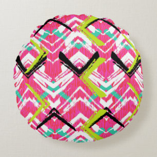 Hand Drawn Pink Zig Zag Pattern Round Cushion