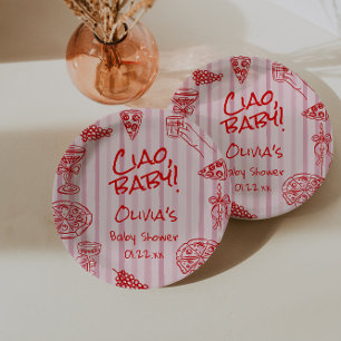 Hand Drawn Pizza Pink Red Ciao Baby Shower Paper Plate