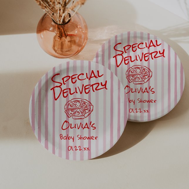 Hand Drawn Pizza Red Special Delivery Baby Shower Paper Plate (Creator Uploaded)