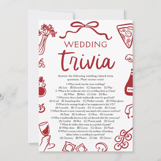 Hand Drawn Pizza Wedding Trivia Bridal Shower Game Invitation (Front)