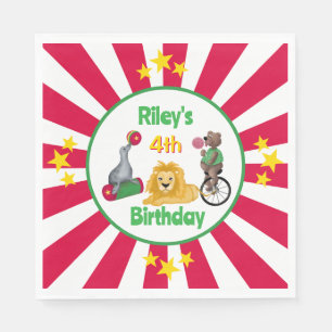 Hand Drawn Playful Circus Animals Red and White Napkin