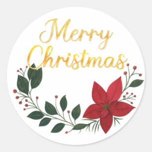 Hand Drawn Poinsettia Flower Merry Christmas  Classic Round Sticker