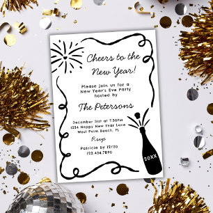 Hand Drawn Popping Champagne New Years Eve Party Invitation